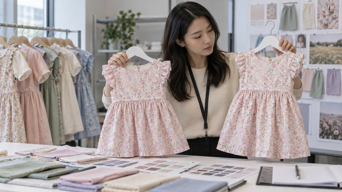 Matching Dress Color Quality Check Adult East Asian quality specialist comparing color across sibling dress samples