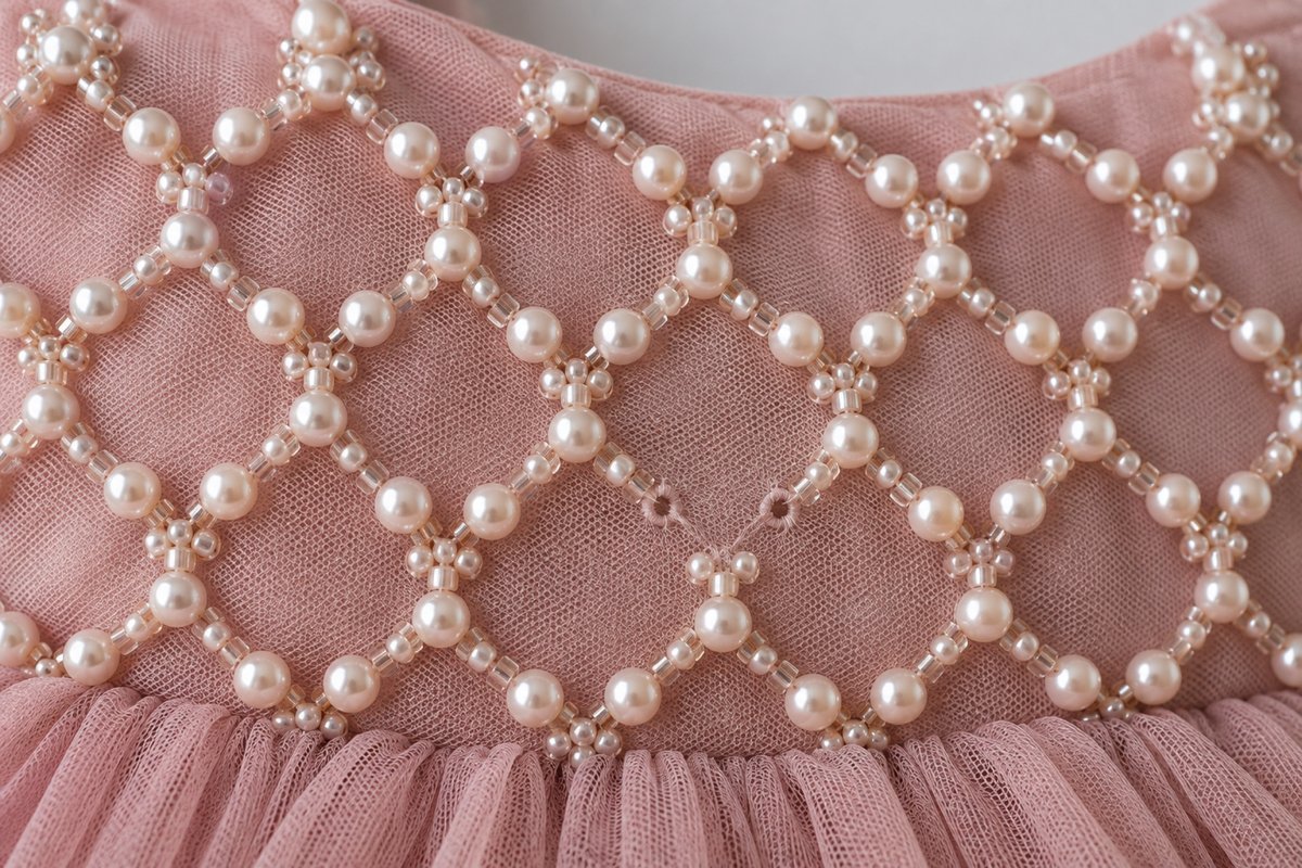 Missing Beads on Girls Dress Bodice Pearl bead pattern on a girls dress bodice with a visible missing section