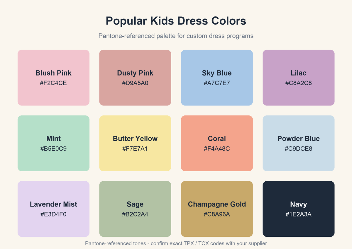 Pantone-referenced kids dress color swatch palette