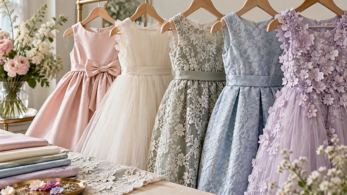 Close-up comparison of satin, tulle, lace, jacquard and floral appliqué for girls party dresses