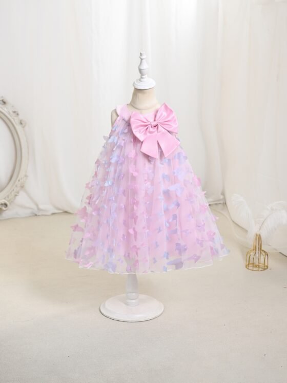 Pink 3D butterfly bow tulle puffy dress for girls — front view