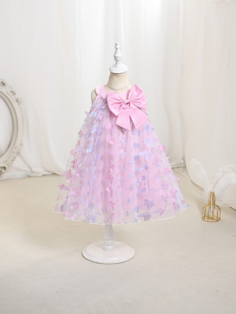Pink 3D butterfly bow tulle puffy dress for girls — front view
