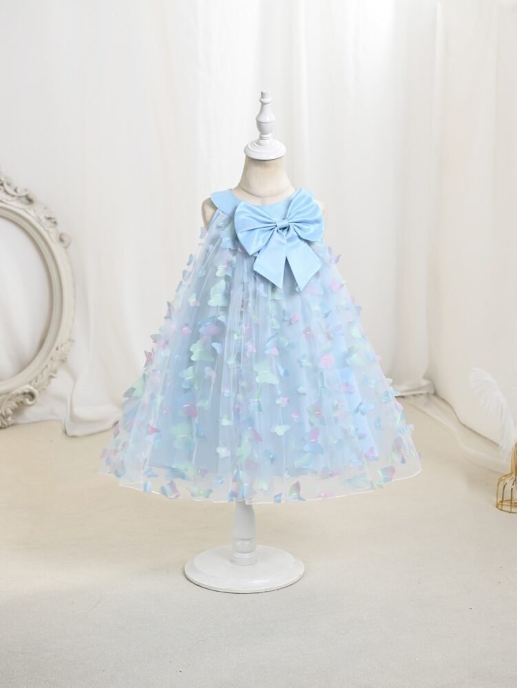 Sky blue 3D butterfly bow tulle puffy dress for girls — front view