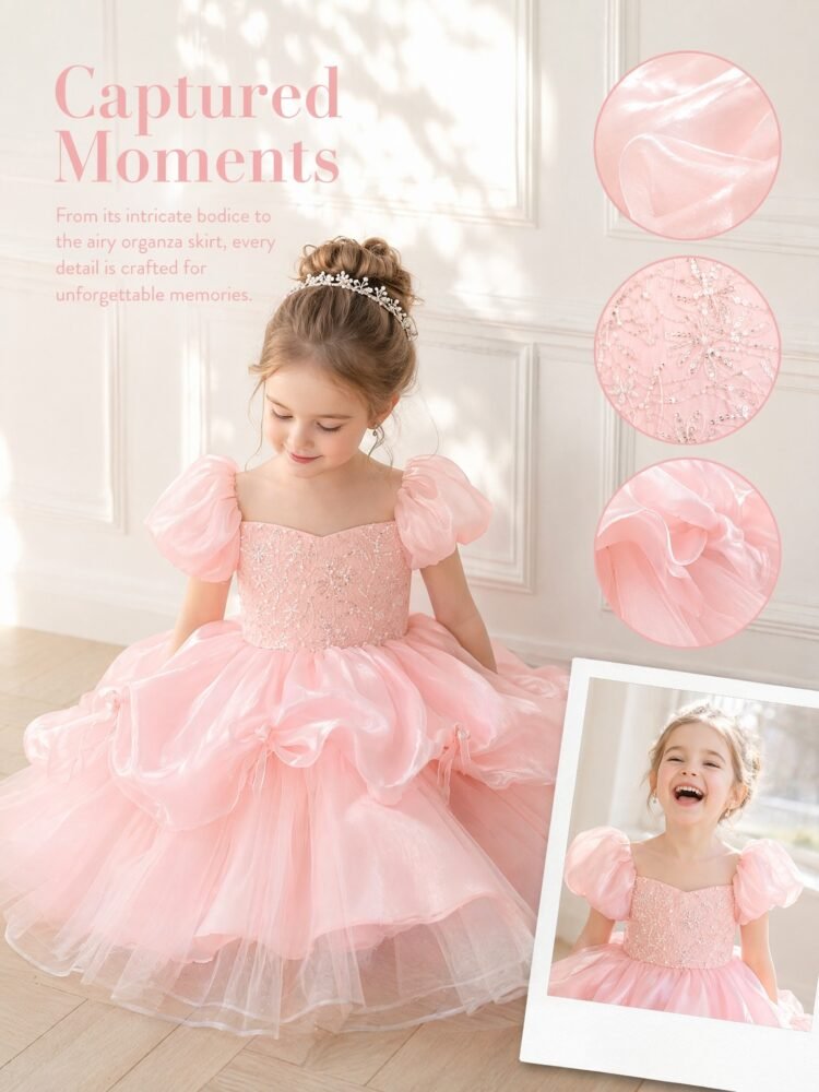 Pink sequin embroidery tulle princess dress detail view 1