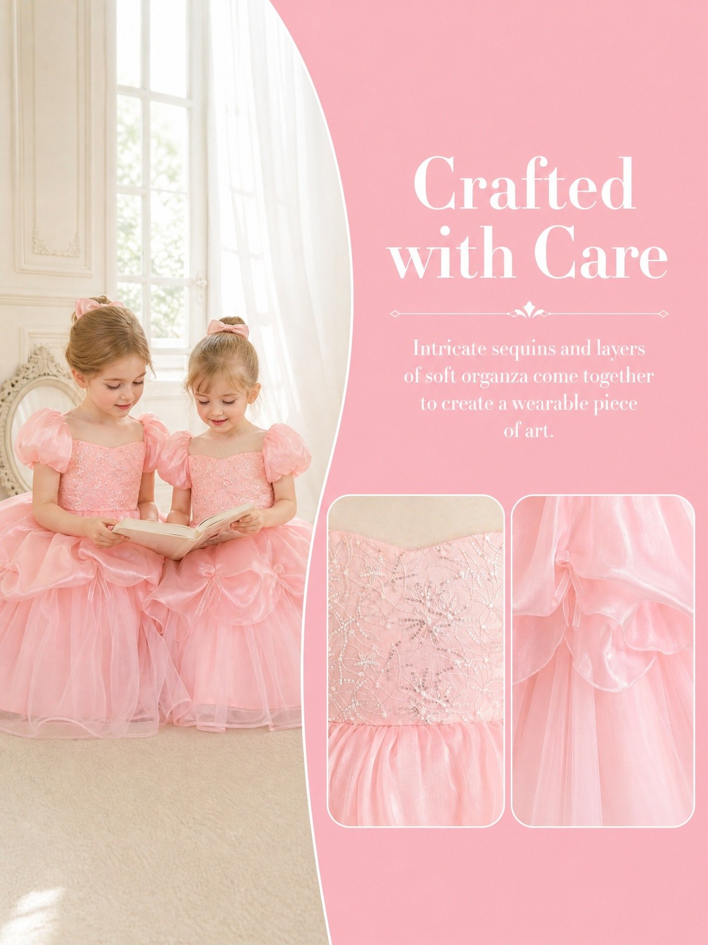 Pink sequin embroidery tulle princess dress detail view 2