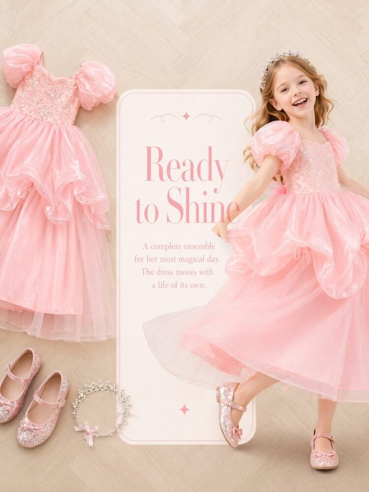 Pink sequin embroidery tulle princess dress detail view 3