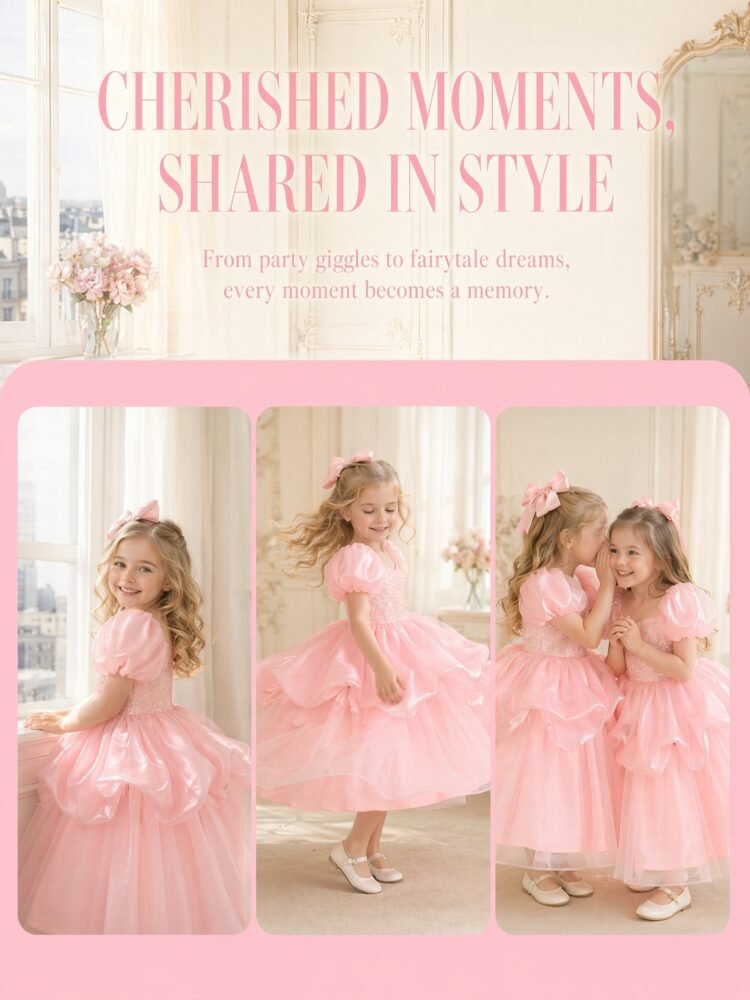 Pink sequin embroidery tulle princess dress detail view 4