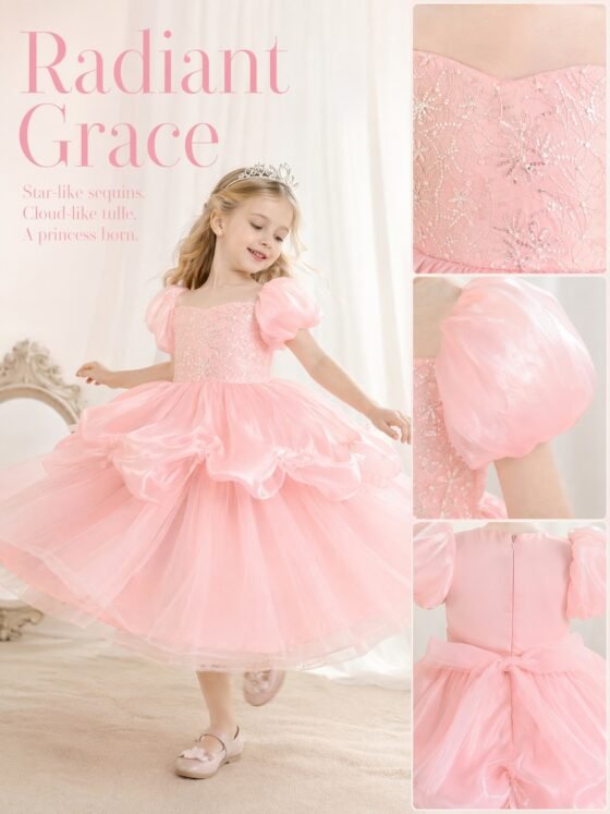 Pink sequin embroidery tulle princess dress detail view 5