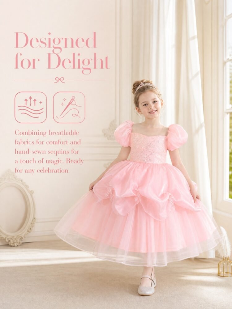 Pink sequin embroidery tulle princess dress detail view 6
