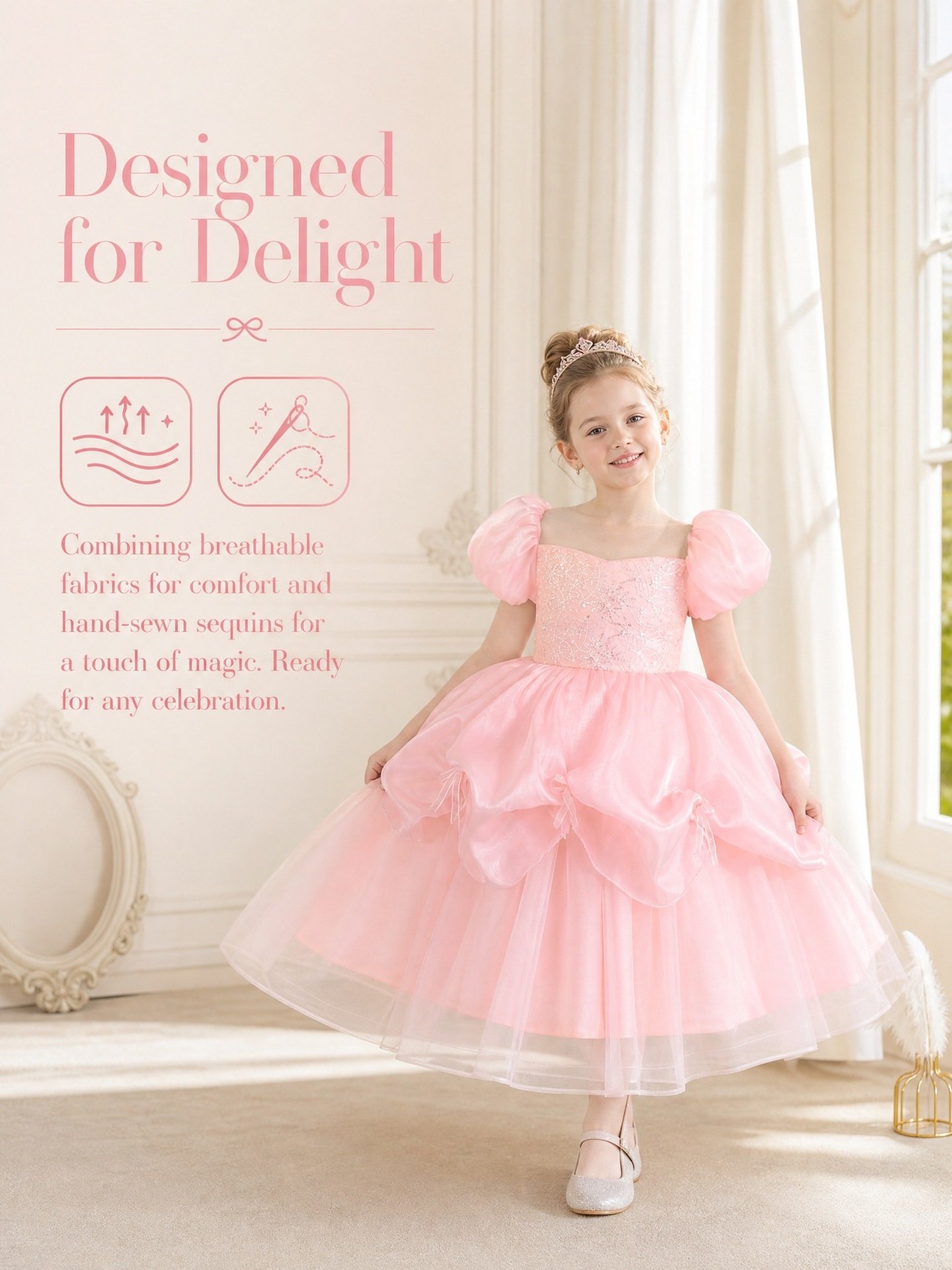 Pink sequin embroidery tulle princess dress detail view 6