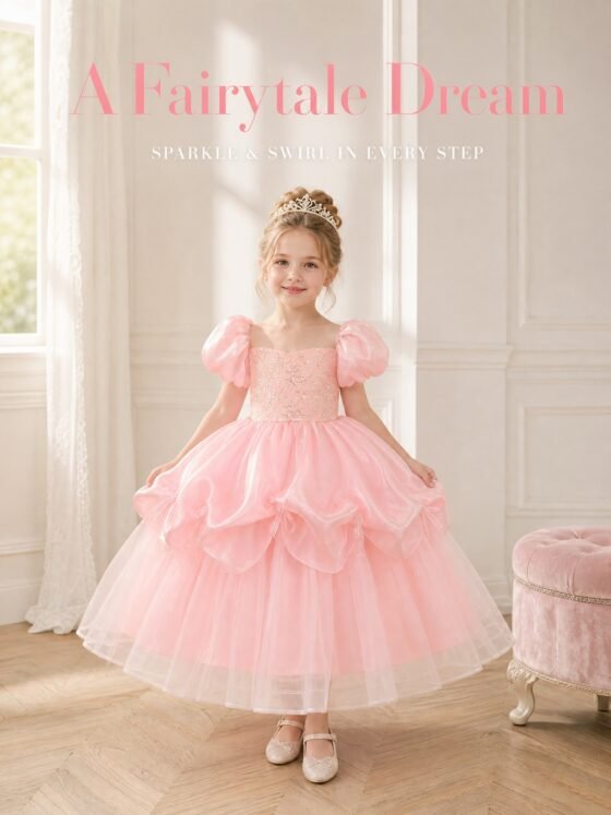 Pink sequin embroidery tulle princess dress detail view 8