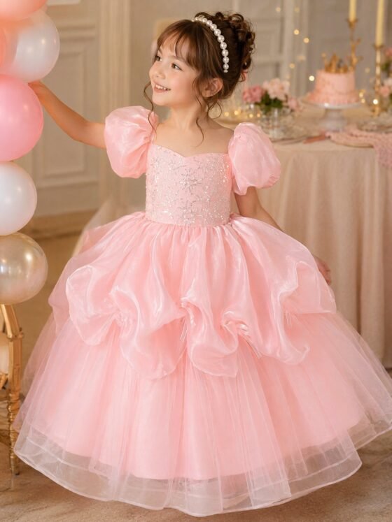 Pink sequin embroidery tulle princess dress for girls — main view 1