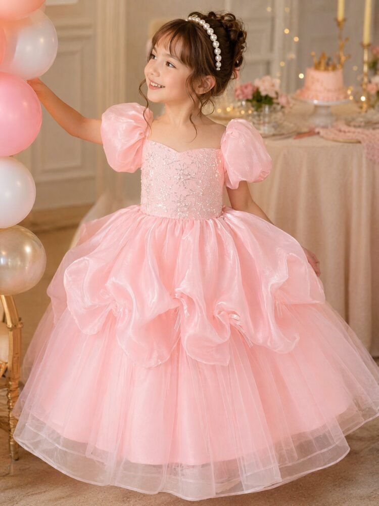 Pink sequin embroidery tulle princess dress for girls — main view 1