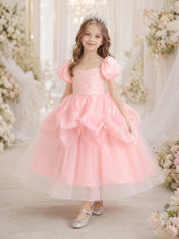 Pink sequin embroidery tulle princess dress for girls — main view 2