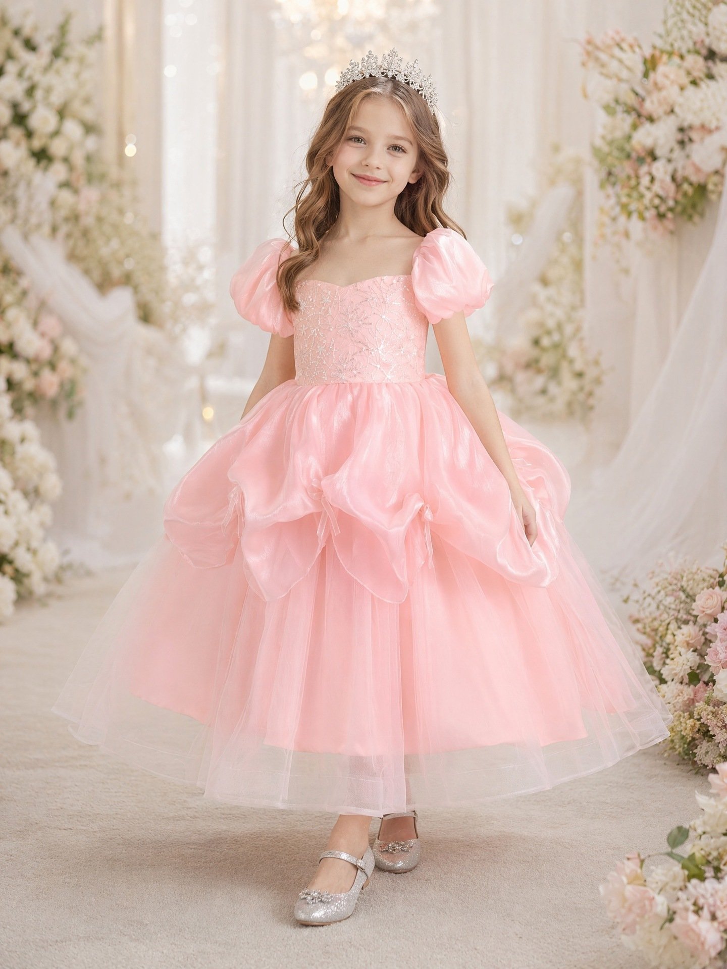 Pink sequin embroidery tulle princess dress for girls — main view 2