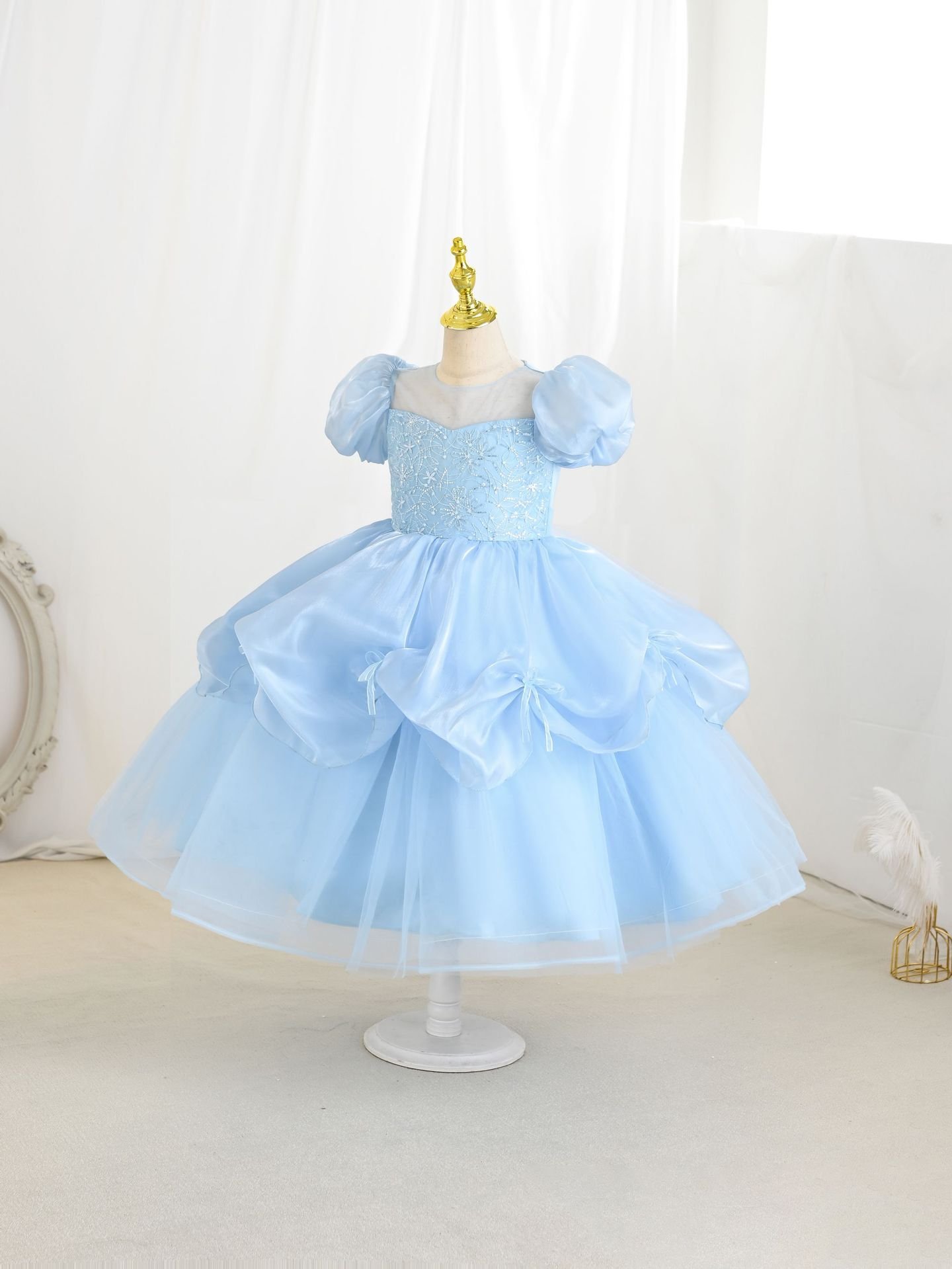 Pink sequin embroidery tulle princess dress for girls — main view 3