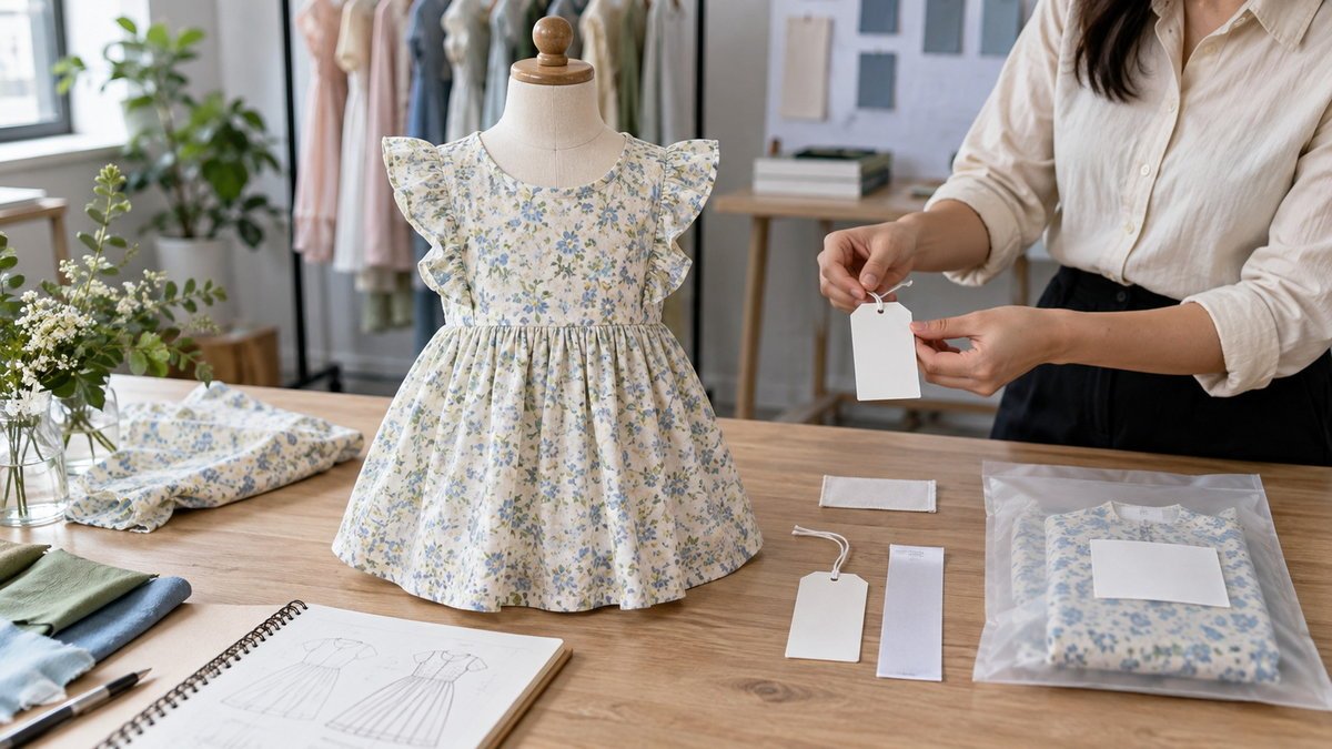 Private-Label Dress Label Approval Private-label girls dress sample with approved label placement and packaging components