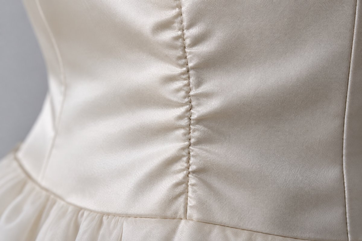 Puckered Girls Dress Side Seam Puckered satin side seam with visible ripples beside the stitch line on a dress