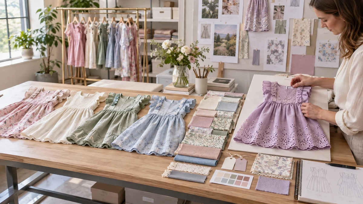 Ready-stock girls dress samples transitioning into custom swatches, labels and an approved sample