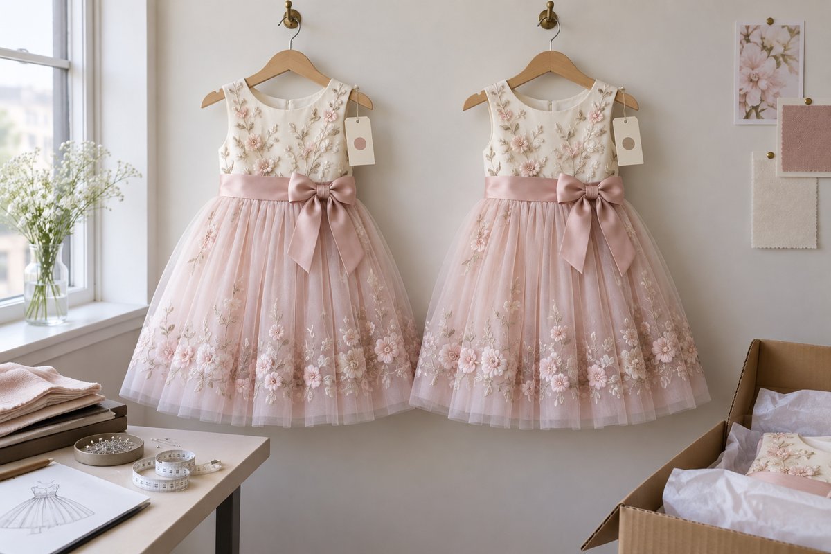 Matching approved sample and bulk girls dresses compared side by side on a table