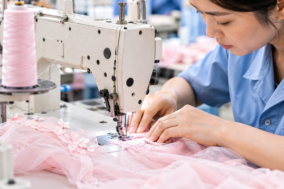 Girls Dress Sash Attachment Sewing Close view of a sash being attached to a girls dress at an industrial sewing machine