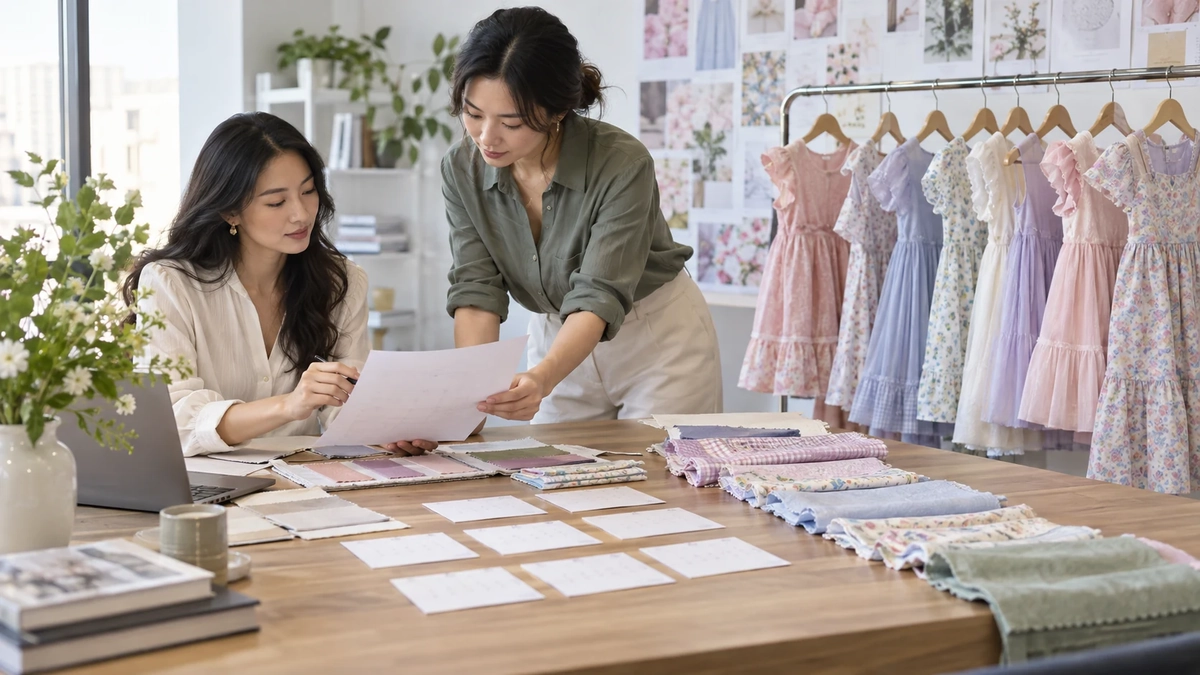 Seasonal Girls Dress Buying Calendar Adult apparel buyers planning phased Spring/Summer girls dress deliveries with samples and blank calendar cards