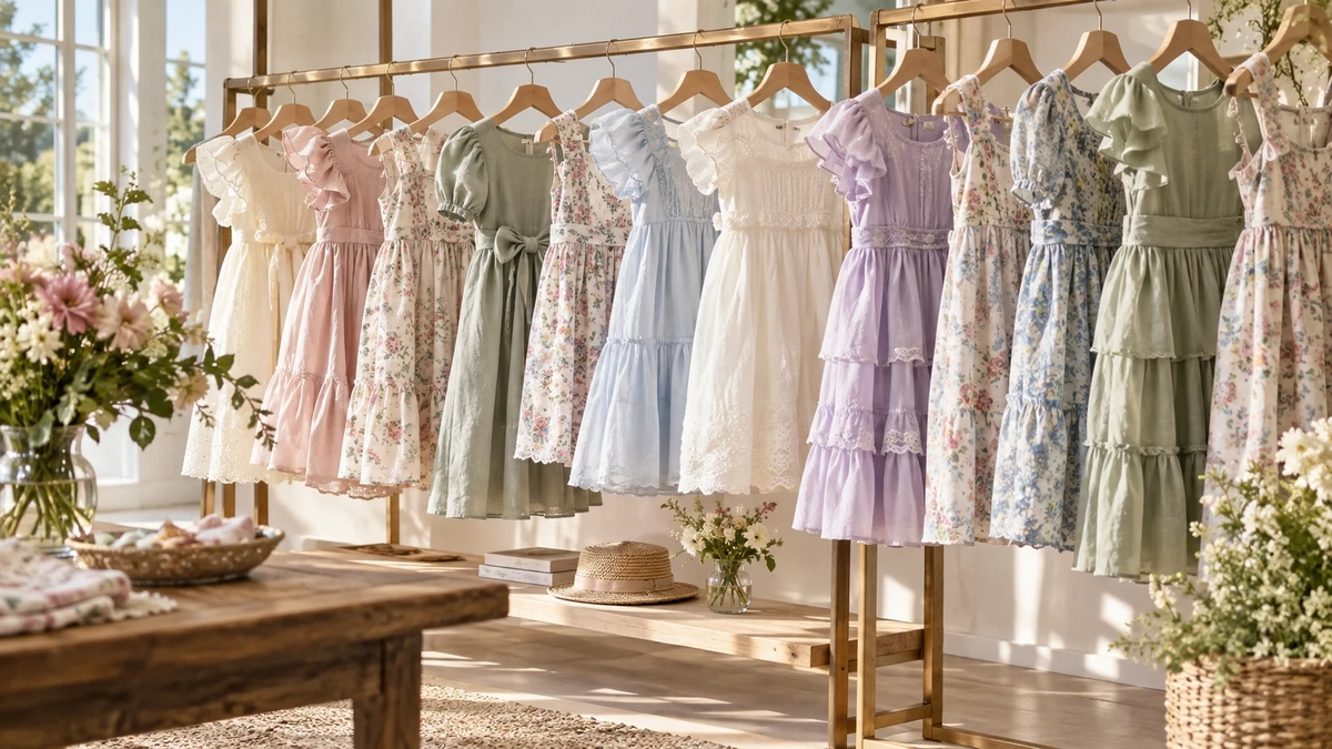 Spring Summer 2027 Girls Dress Buy Spring/Summer 2027 girls dresses in soft color on a bright boutique rack