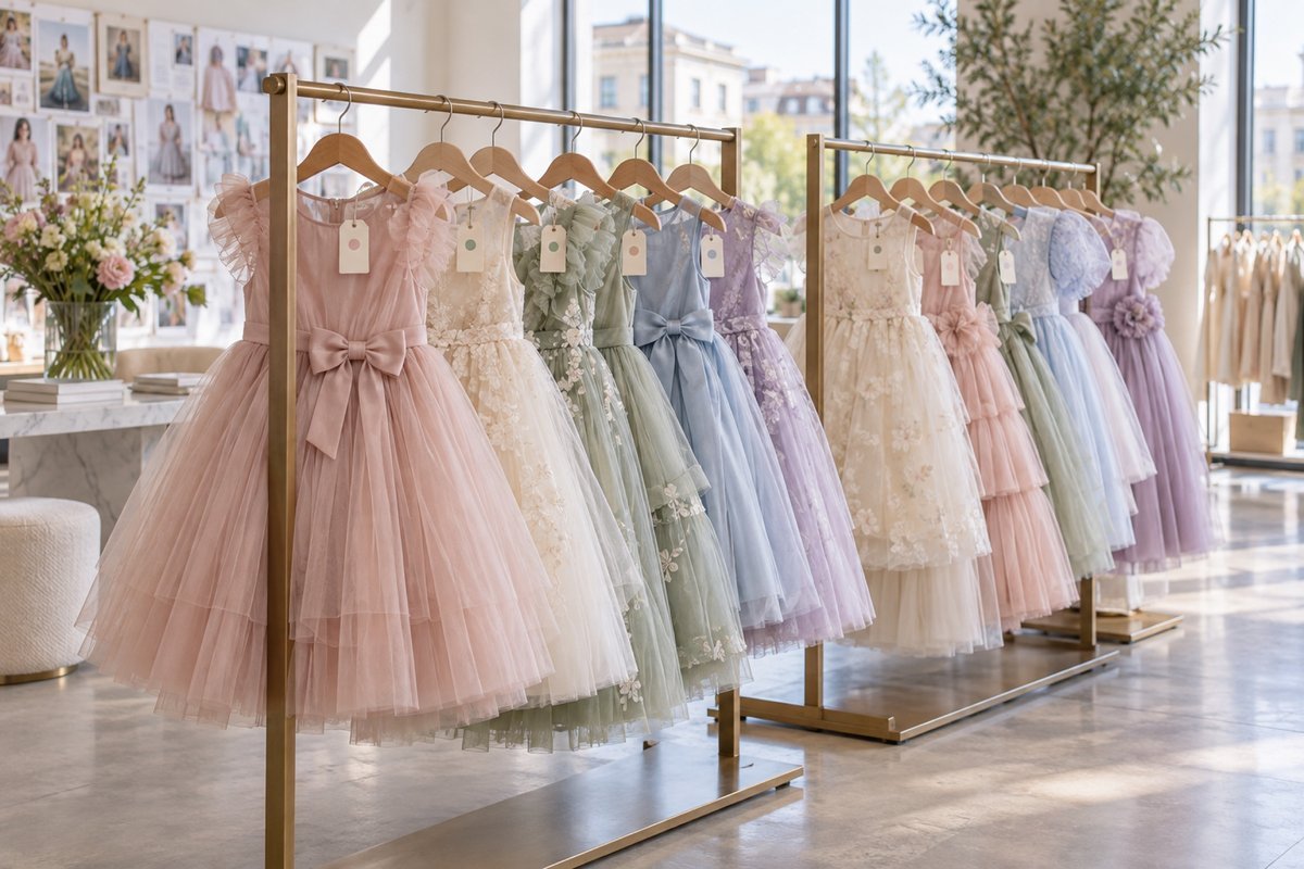 Pastel spring tulle dresses displayed on racks in a bright wholesale showroom