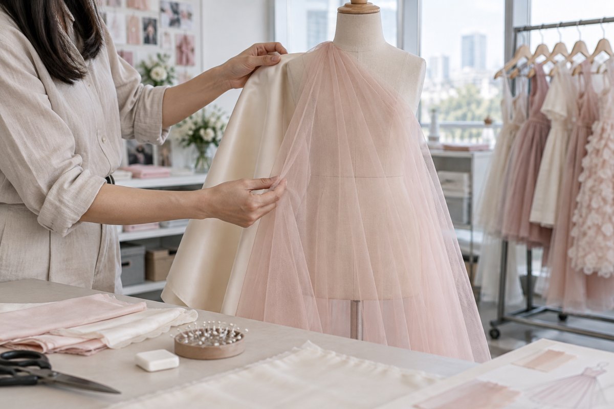 Tulle and Lining Fabric Approval Technician comparing sheer tulle with an opaque lining on a dress form in a workshop