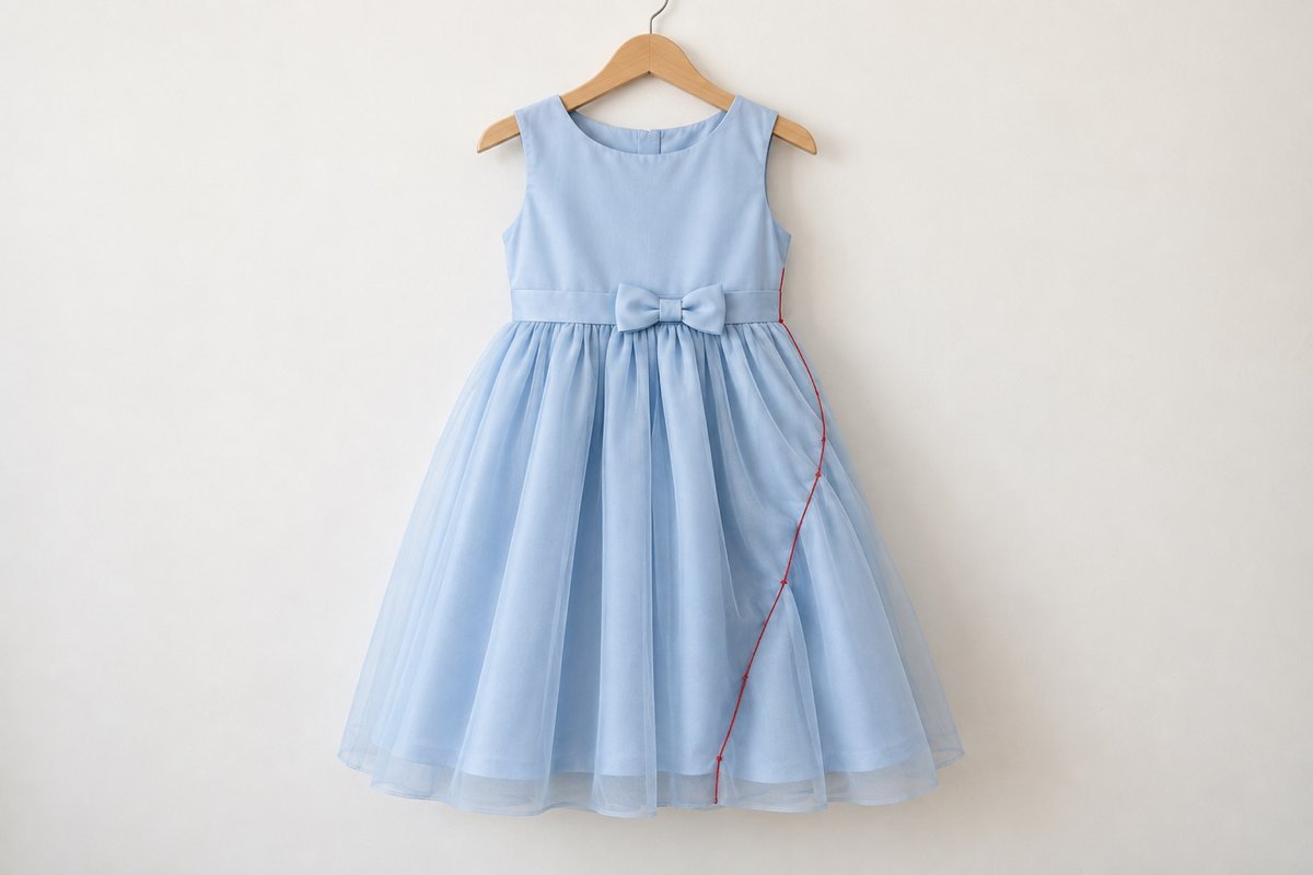 Twisted Girls Dress Side Seam Powder blue girls dress with a side seam spiralling toward the front hem