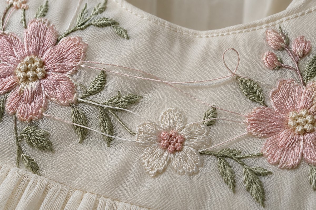 Untrimmed Embroidery Jump Threads Floral embroidery with long untrimmed jump threads across an ivory bodice