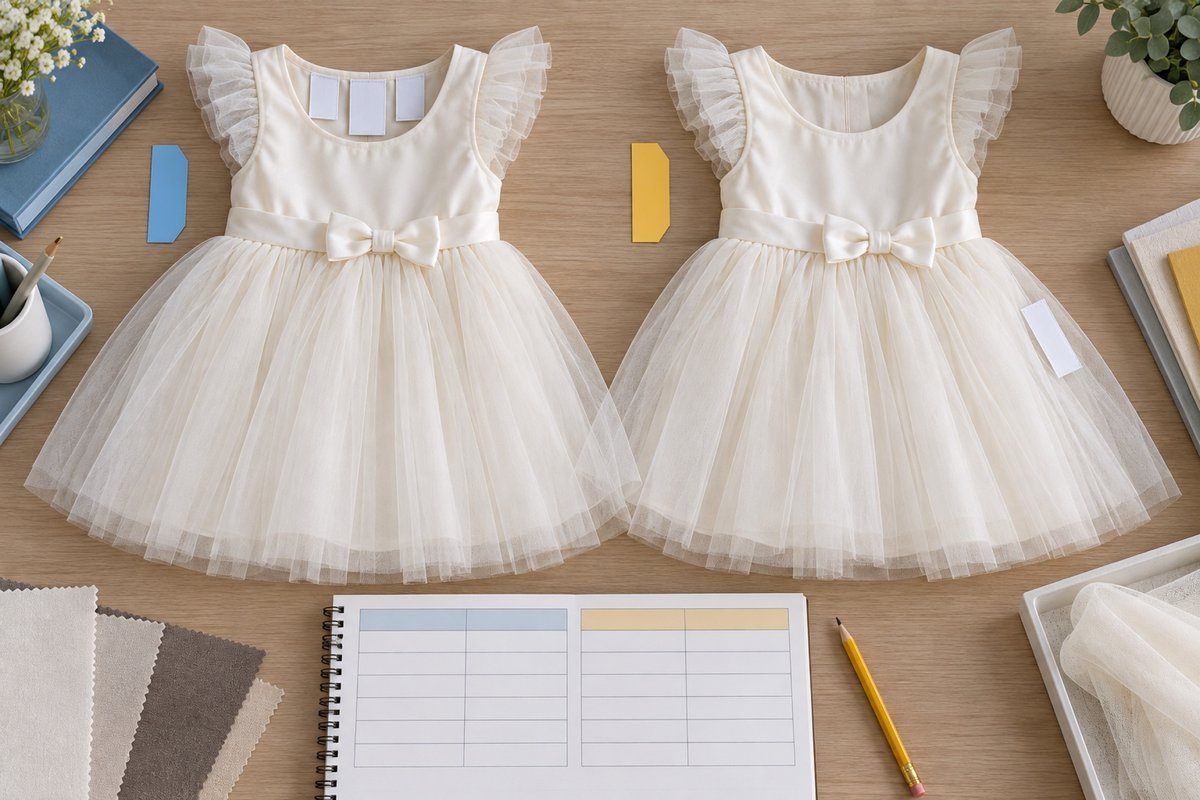 U.S. and EU Children's Label Comparison Two identical tulle dresses arranged for U.S. and EU label-system comparison
