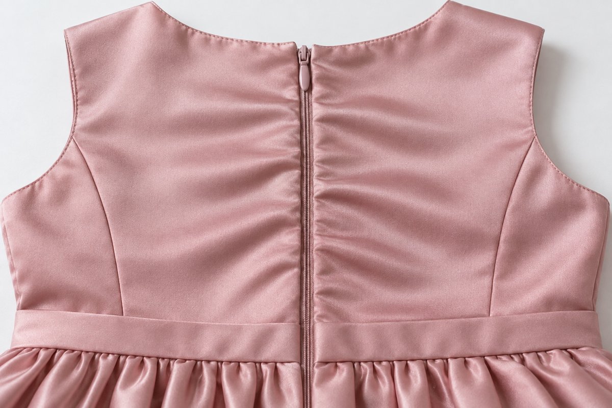 Wavy Girls Dress Back Zipper Dusty pink girls dress with fabric waves beside the back zipper on a mannequin