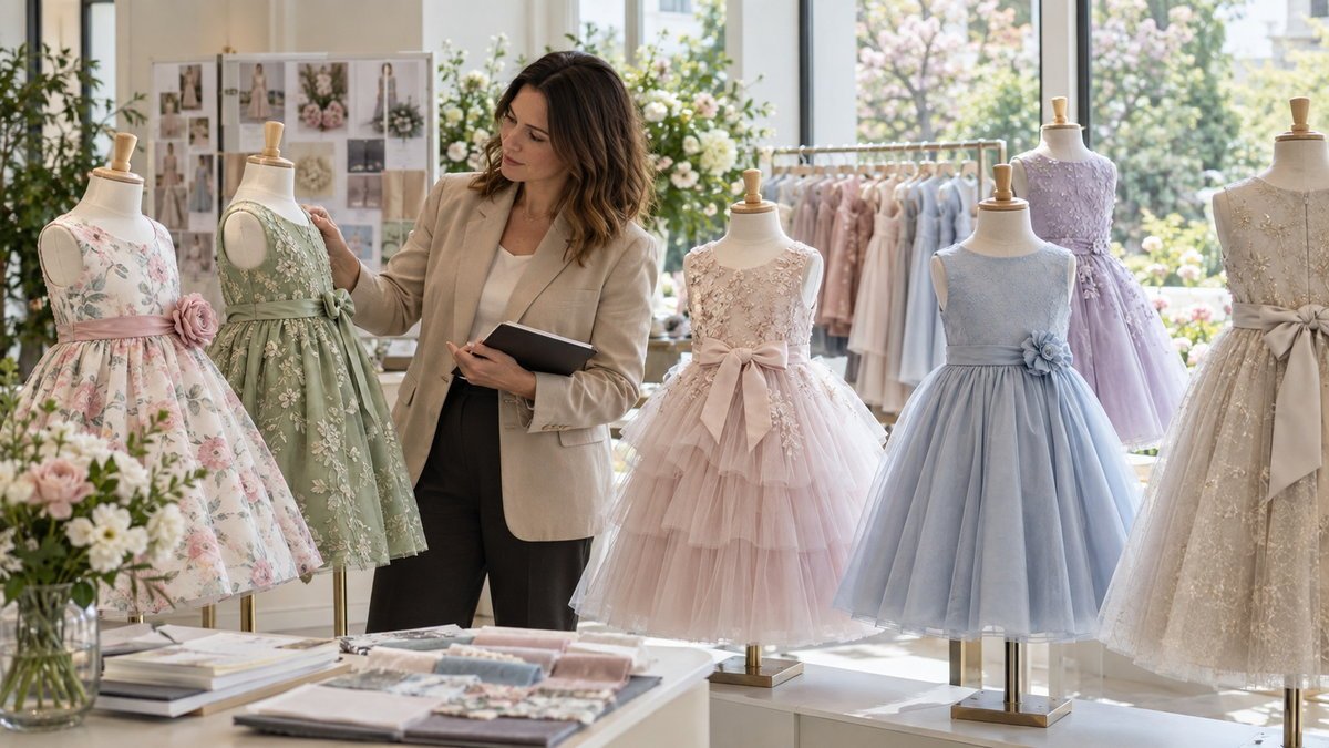 Adult boutique buyer selecting girls wedding guest dresses by occasion