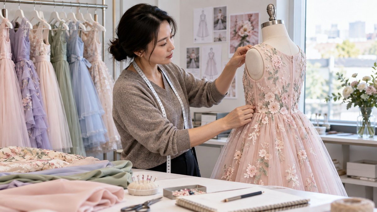 Adult East Asian technician checking fit and movement on a girls occasion dress