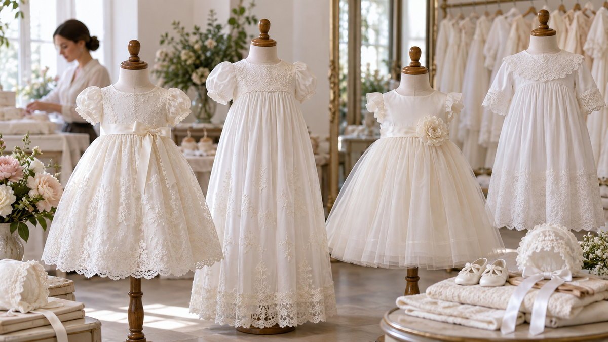 White and ivory wholesale christening dresses displayed on boutique mannequins