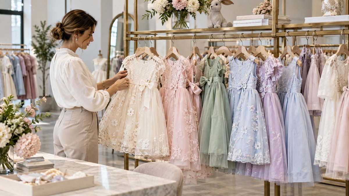 Wholesale Easter Dress Boutique Assortment Pastel wholesale Easter dresses displayed on a premium boutique clothing rack
