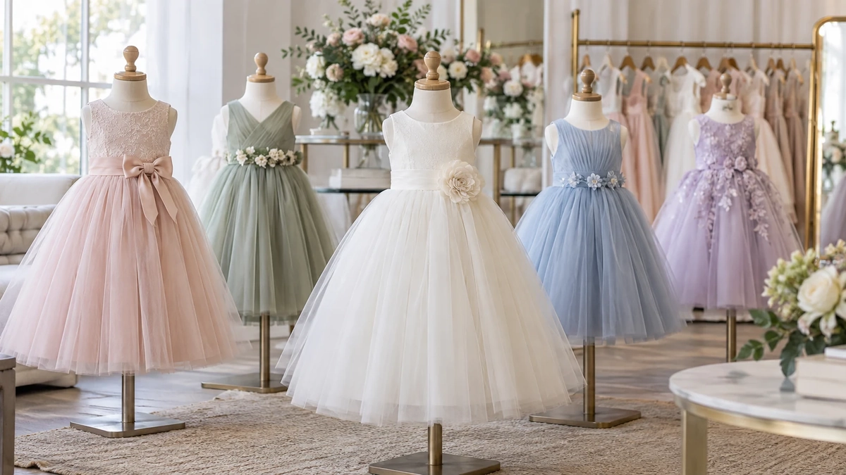 Ivory, blush and sage flower girl dresses on mannequins for wholesale selection