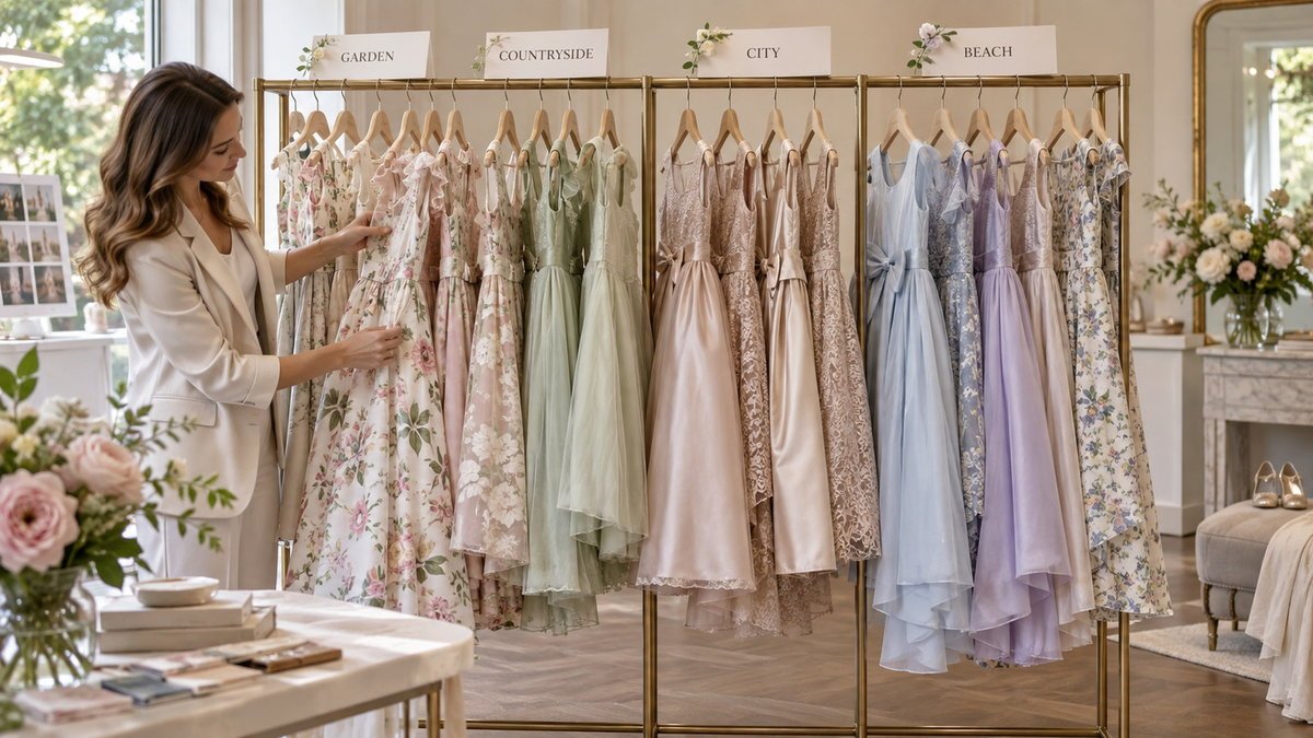 Wholesale girls wedding guest dresses arranged by venue and season on a boutique rack